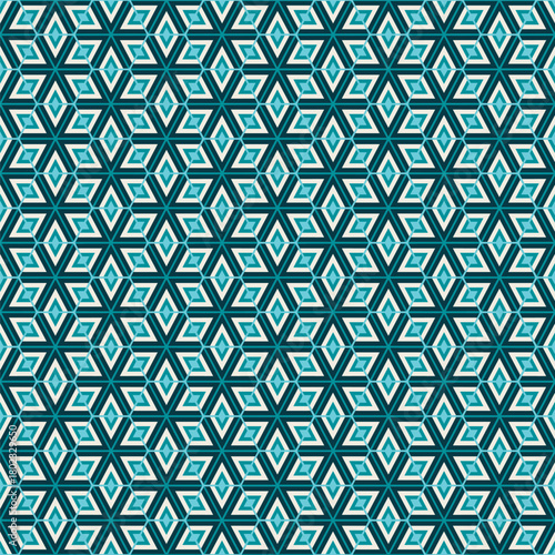 Geometric Detailed Repeat Pattern of Hexagonal Star and Diamond Shapes