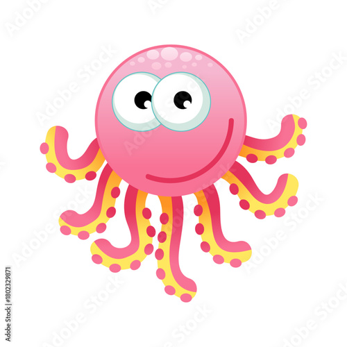 A cute pink cartoon octopus character smiling happily with large googly eyes on an isolated background