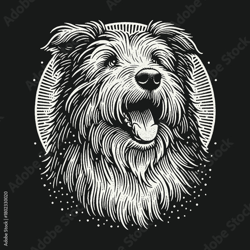 Happy Shaggy Dog Head Linocut Style Illustration.