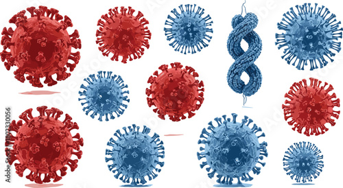 Red and blue virus particles and a D N A strand illustration on white background