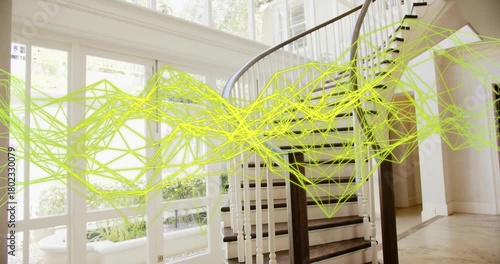 Neon wireframe mesh emerging left windows, sweeping right past staircase, visualizing network