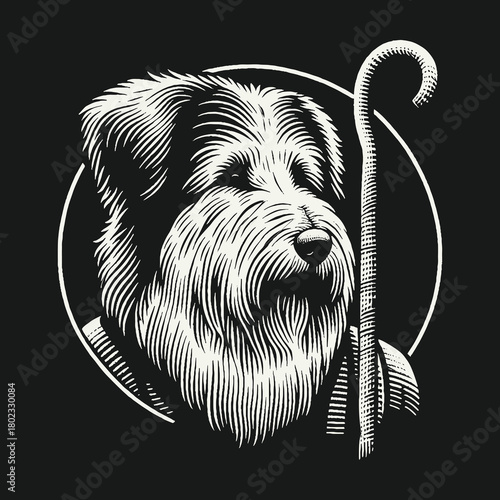 Vintage Engraved Shepherd Dog with Crook Illustration.