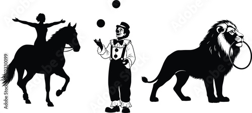 Silhouette of circus performers a woman on a horse a clown juggling and a lion with a hoop