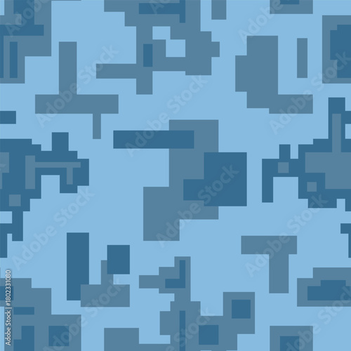 Abstract geometric background with a digital, blocky, or pixelated seamless camouflage pattern in shades of blue. Perfect for winter, arctic, snow, water, or modern gaming design projects