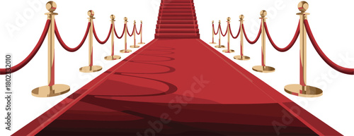 Elegant red carpet walkway with golden stanchions and velvet ropes leading toward ceremonial stairs for VIP entrances, gala events, and award celebrations