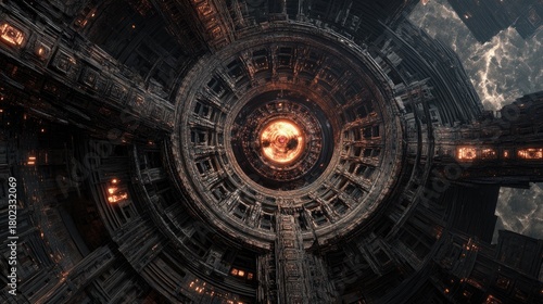 Fototapeta Naklejka Na Ścianę i Meble -  Futuristic Dark Megastructure: Intricate Architecture, Central Orange Glow, Cosmic Sky