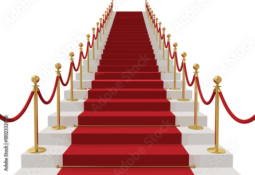 Luxurious red carpet staircase with golden stanchions and velvet ropes creating an elegant VIP entrance for ceremonies, events, award shows, and celebrations