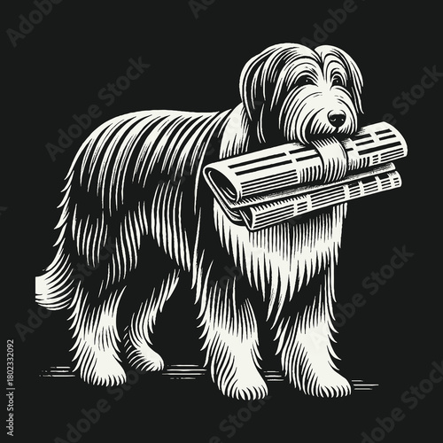 Shaggy Dog Delivering the Morning Newspaper Illustration.