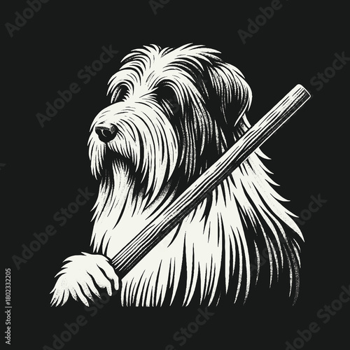 Shaggy Terrier Dog Holding a Stick Black and White Illustration.