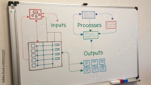 Detailed whiteboard flowchart diagram illustrating inputs, processes, and outputs for system planning and analysis