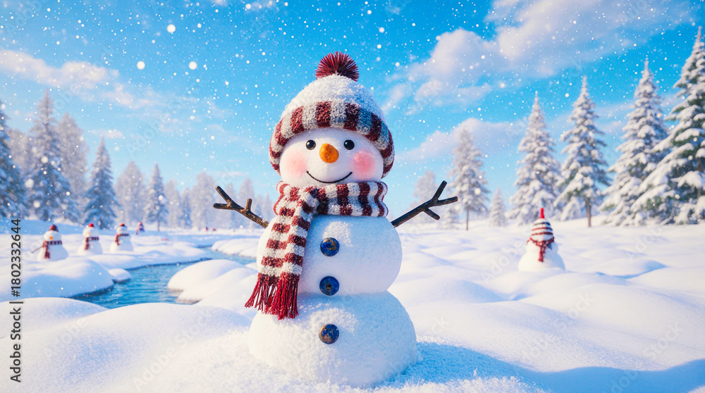 Obraz premium Joyful snowman in a winter wonderland with falling snow