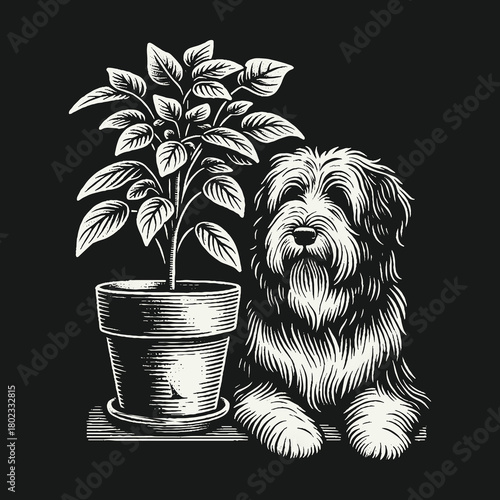 Shaggy Dog Companion Sitting by a Potted Plant Illustration.