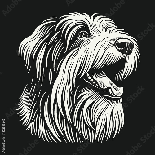 Black and White Shaggy Dog Head Illustration Vector Art.