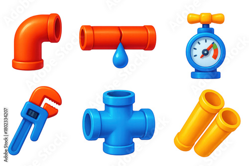 Colorful Plumbing Icons. 3D icon set of plumbing system components: pipe joints, leak seals, pressure valves, wrench tools,