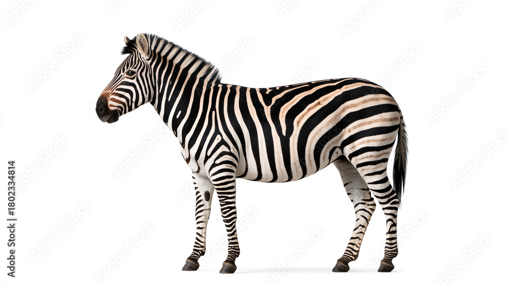 Fototapeta premium A high-quality photograph of a standing zebra against a pure white background.