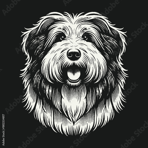 Vintage Hand Drawn Shaggy Dog Portrait Illustration.