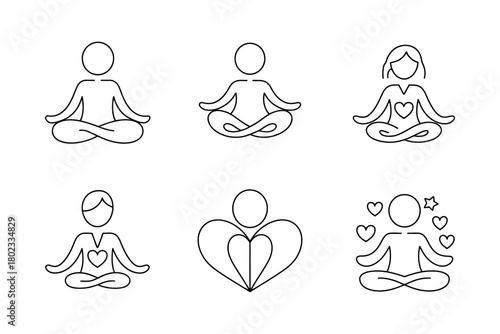 Stylized figures meditating in lotus pose with heart and star symbols