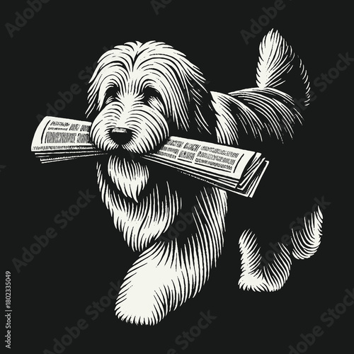 Shaggy Dog Delivering the Morning Newspaper Illustration.