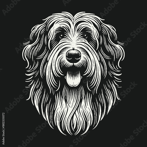 Stylized Shaggy Dog Portrait Black and White Illustration.
