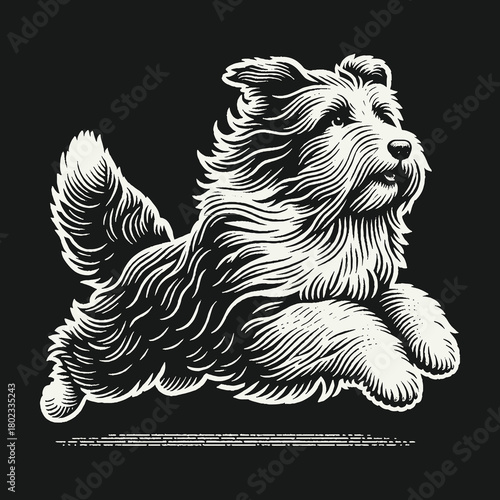 Stylized Black and White Terrier Dog Jumping Illustration.