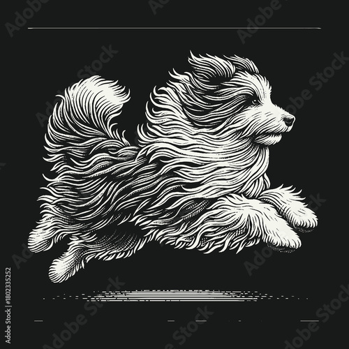 Fluffy White Dog Leaping in a Vintage Engraving Style.