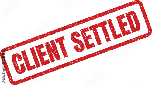 A vibrant red rectangular rubber stamp mark on a clean white background shows CLIENT SETTLED in bold capital letters