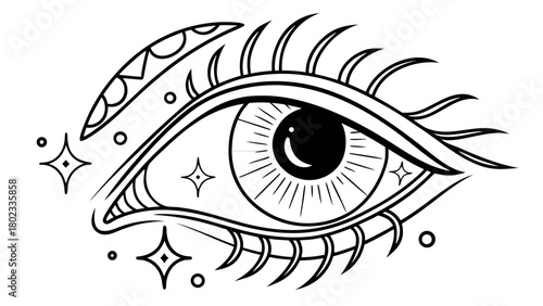 Detailed line art illustration of a mystical eye with stars and decorative eyebrow design element