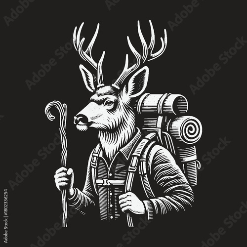 Vintage Engraving Style Anthropomorphic Deer Hiker Character.