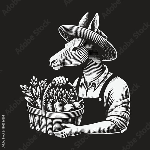 Anthropomorphic Donkey Farmer Character Holding a Harvest Basket.