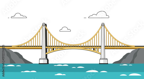 Flat design of golden suspension bridge over turquoise waters with clouds