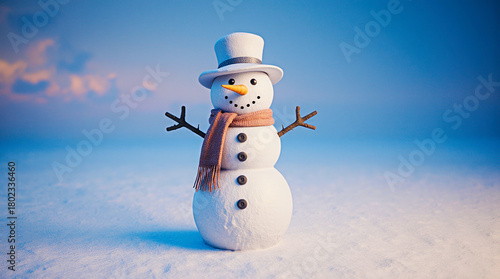 Charming snowman wearing a top hat and scarf in winter wonderland