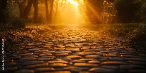 Golden Sunrise Over Rustic Cobblestone Forest Path