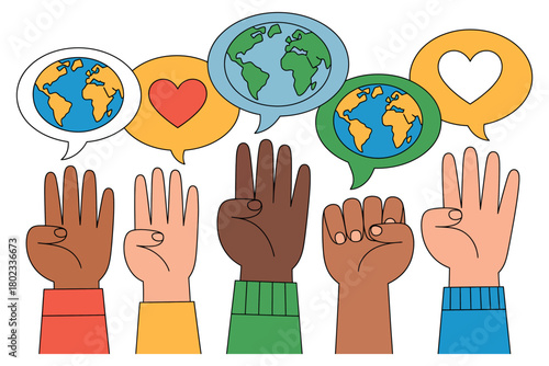 Diverse hands convey global unity and love through symbolic gestures and speech bubbles.