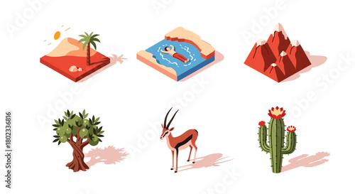 Isometric nature scenes: desert, ocean, mountains, olive tree, antelope, cactus