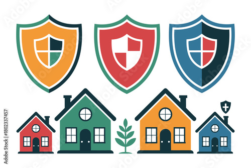 Three colorful shields and four houses represent insurance and home security concepts.