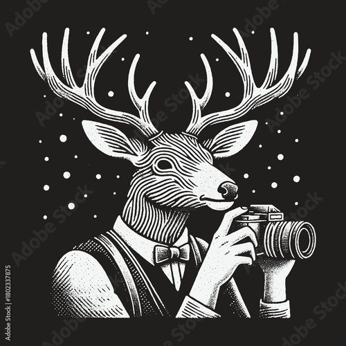 Stylish Deer Photographer with Antlers Holding a Camera.