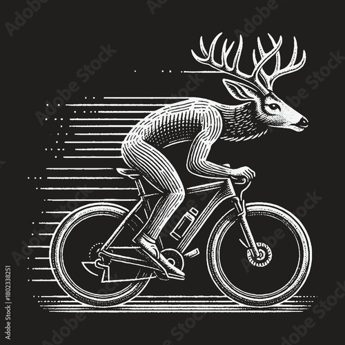An anthropomorphic deer with large antlers riding a bicycle at high speed.