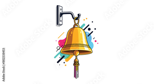 A golden bell hangs from a hook on a wall, with colorful abstract shapes and lines in the background.