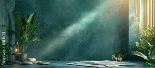 Serene Spa Room: Teal Walls, Sunlit Plants, and Tranquil Stones