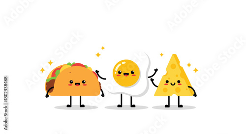 Cute cartoon taco, fried egg, and cheese slice characters celebrating.