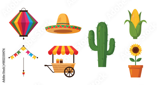 Collection of colorful festive Mexican-themed elements including a lantern, sombrero, cactus, and food cart.