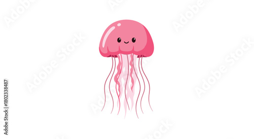 Cute cartoon pink jellyfish with flowing tentacles and a happy face.