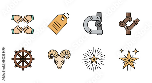 Colorful linear icons of tools, nature, and symbols for creative design projects
