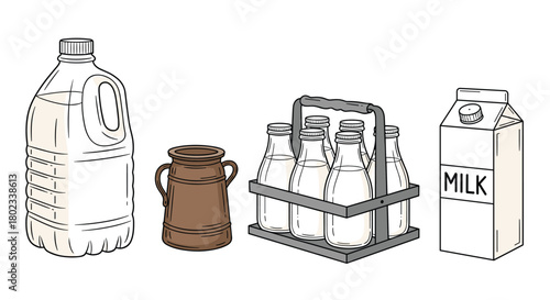 Collection of various milk containers, including a jug, bottles in a caddy, and a carton.