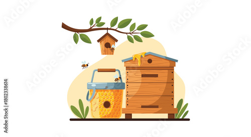 Illustration of a beehive and honey bucket with bees flying around on a white background.