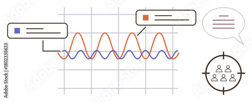 Waveform graph with annotations, target group icon in focus, and speech bubble. Ideal for analytics, teamwork, communication, strategy, audience targeting, data sharing simple flat metaphor