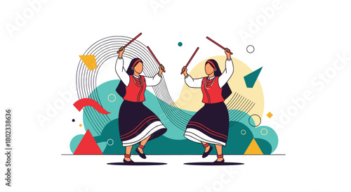 Two women in traditional Indian attire performing Garba dance with sticks.