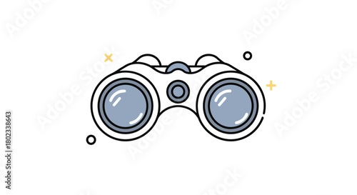 Flat icon of white binoculars with blue lenses and a gray focus wheel, set against a white background with yellow and black accents.