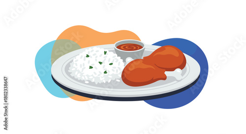 Illustration of a plate of food with rice, chicken legs, and dipping sauce.