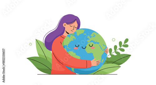 A person with purple hair hugs the Earth, symbolizing environmental care and conservation.